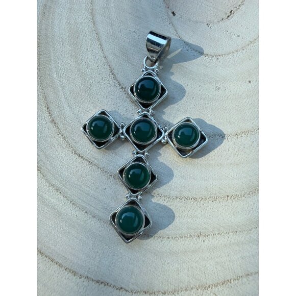 Artisan Sterling Silver Cross Pendant G Onyx  Cabochon Stones Religious Crucifix - Picture 10 of 10